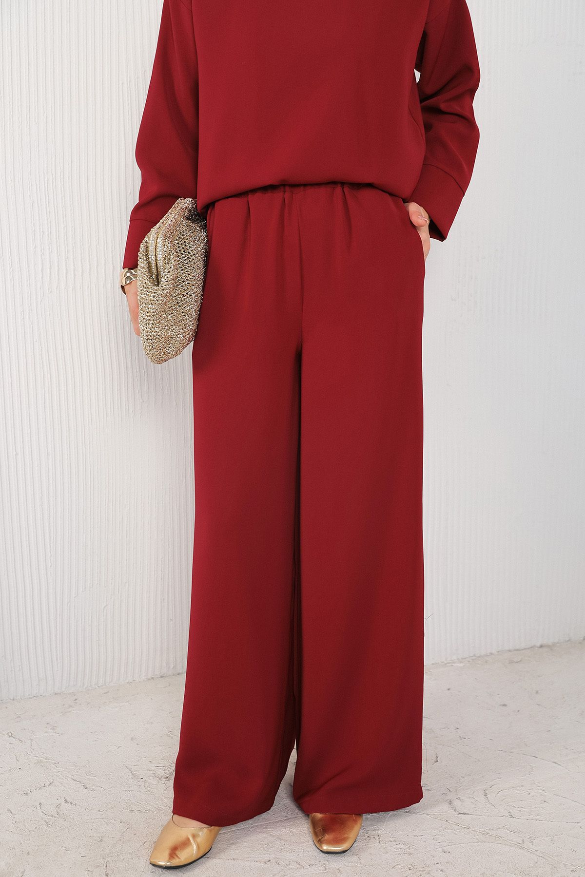 Melike Tatar-Claret Red Crepe Loose Trousers 32-2235 1