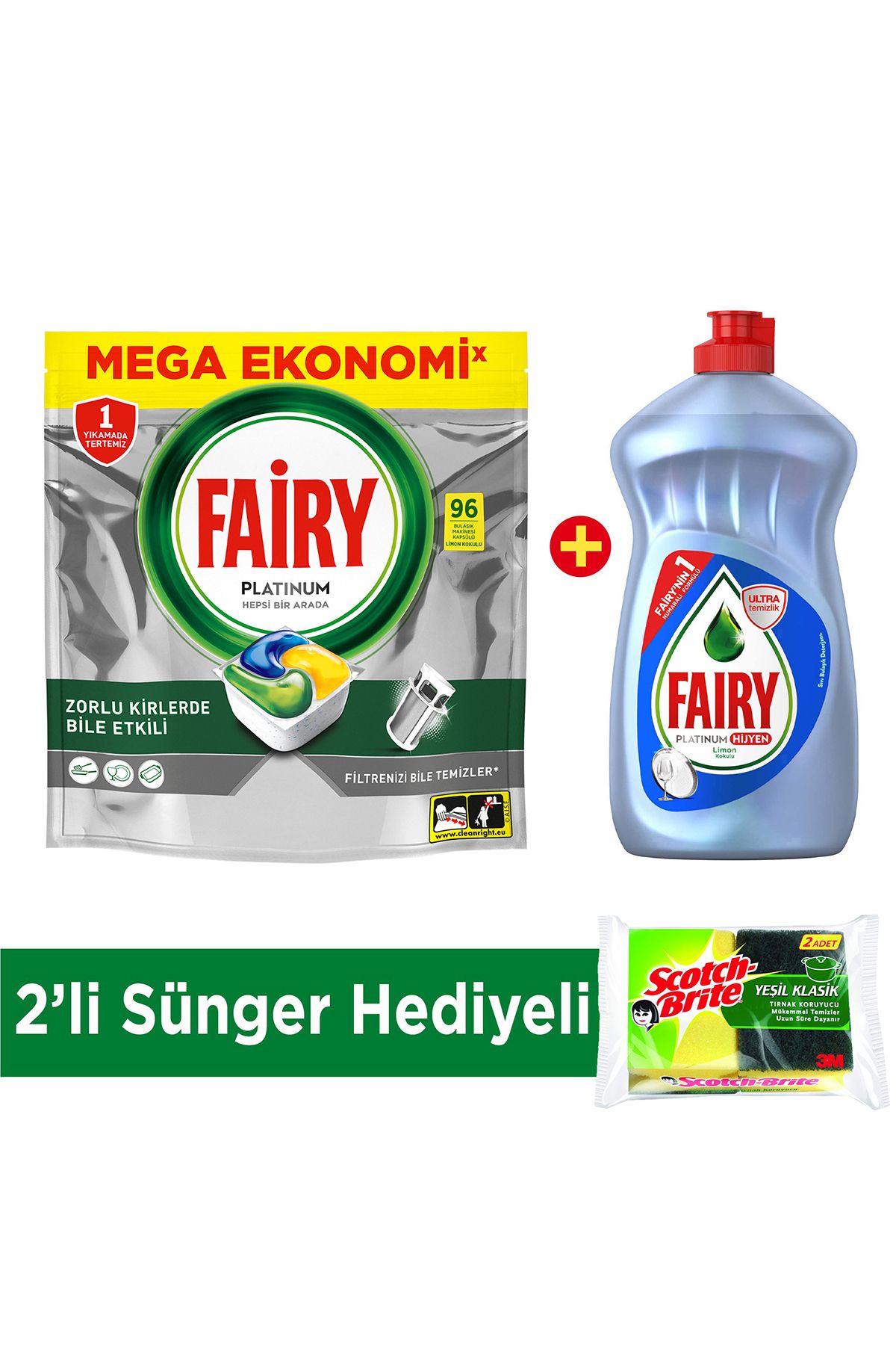 Fairy Platinum Bulaşık Makinesi Kapsülü 96' Lı Sıvı Bulaşık Deterjanı 500 ml 2' Li Sünger