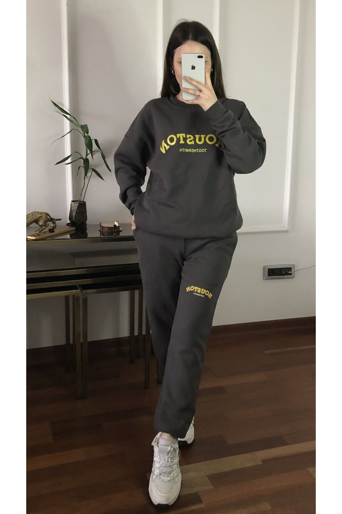 Flow-Mi̇sseale Anthracite Printed Full Casual Women's Tracksuit Set 5