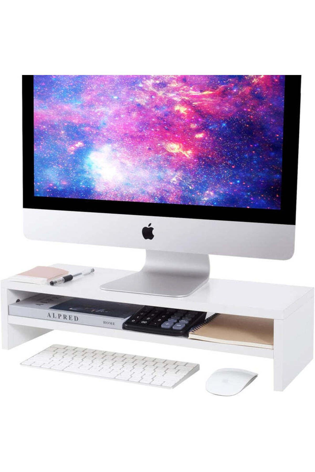 Modern home-Compact Monitor Stand Riser with Storage Shelf - Ergonomic Desk Organizer - White 3