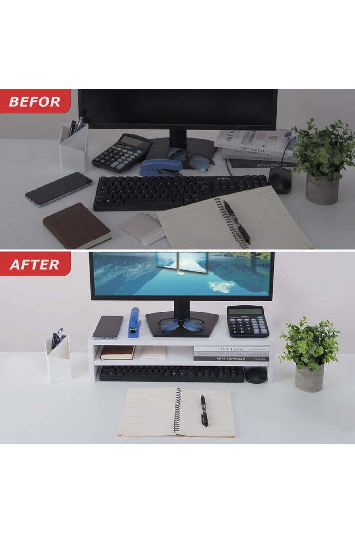 Modern home-Compact Monitor Stand Riser with Storage Shelf - Ergonomic Desk Organizer - White 4