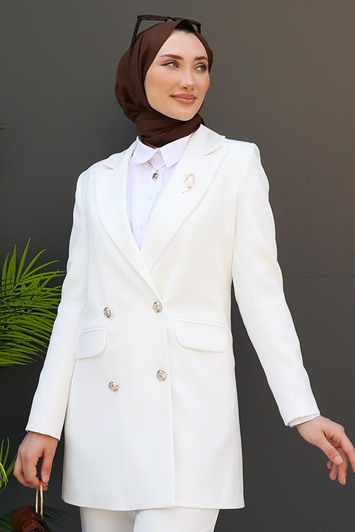 giz astore  Kelebek Broş Detay Ceket Beyaz - Görsel 5