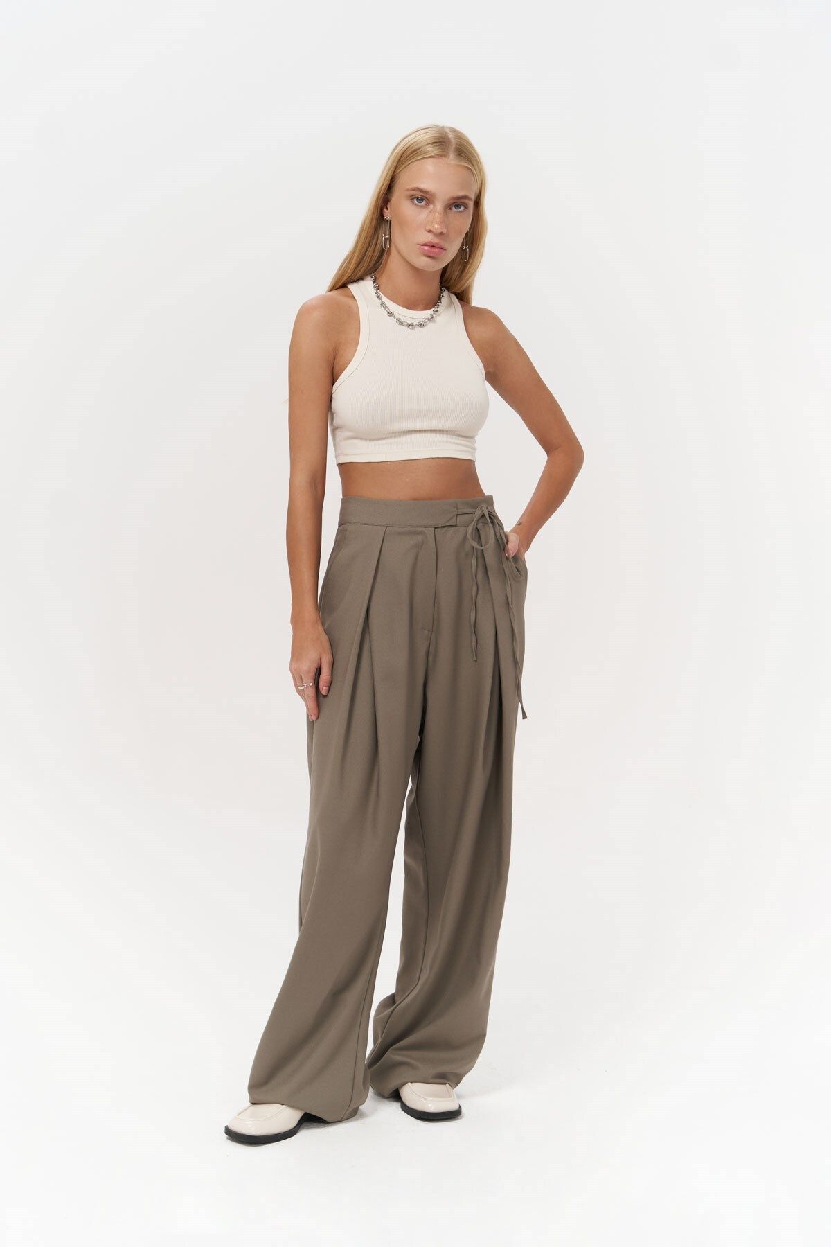 MAİ COLLECTİON-Carmen Khaki Palazzo Trousers 3