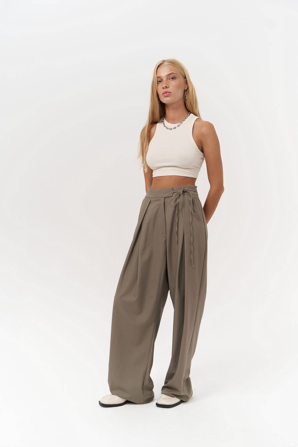 MAİ COLLECTİON-Carmen Khaki Palazzo Trousers 1