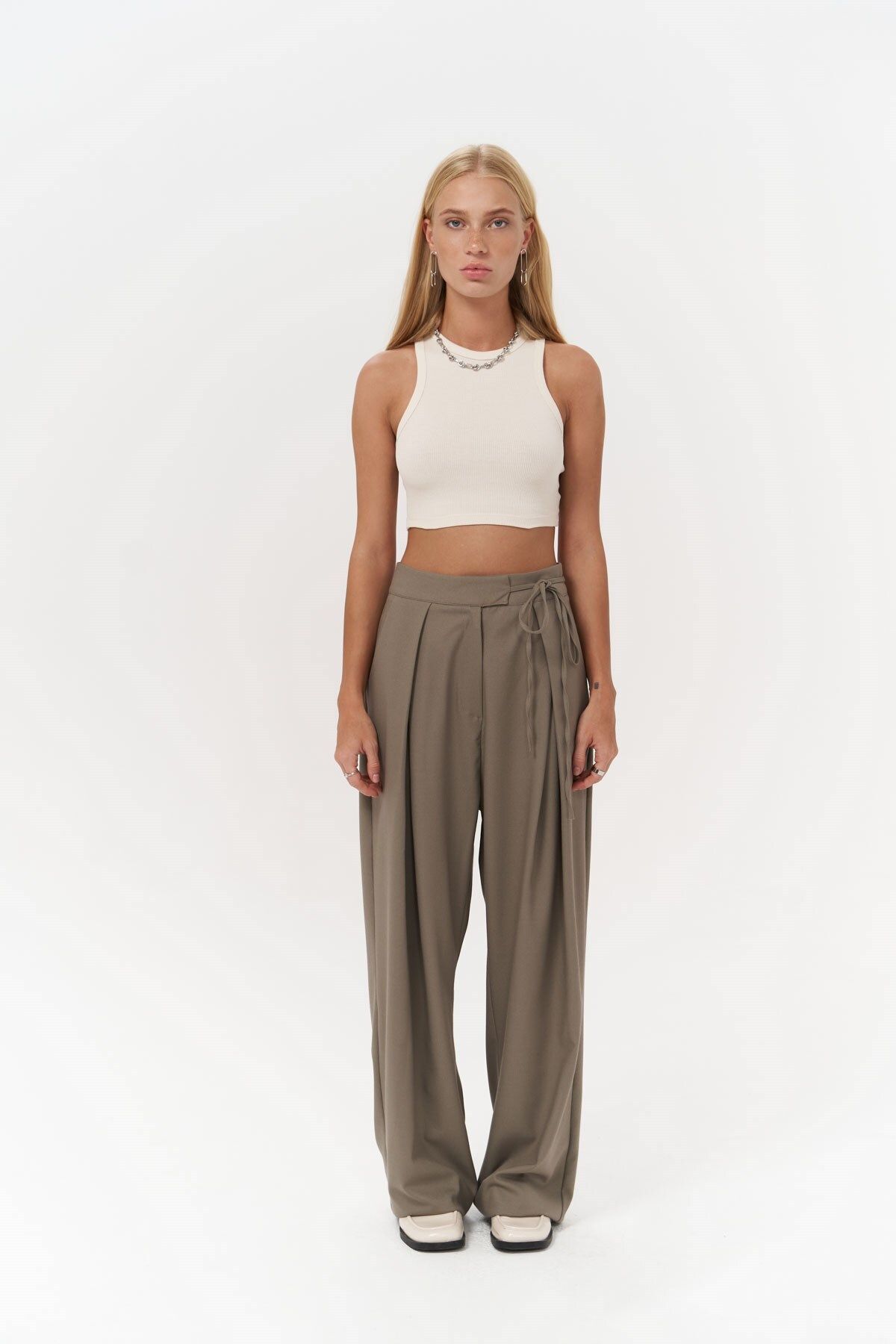 MAİ COLLECTİON-Carmen Khaki Palazzo Trousers 5