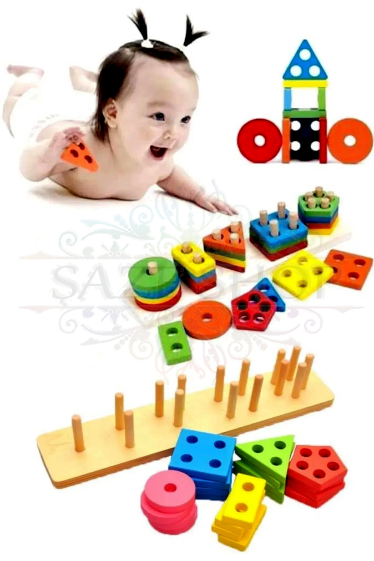 SAZE Toys Doğal Ahşap Eğitici Oyuncak Dikdörtgen 5'li Sütun Geometrik Şekil ZEKA GELİŞİM SETİ