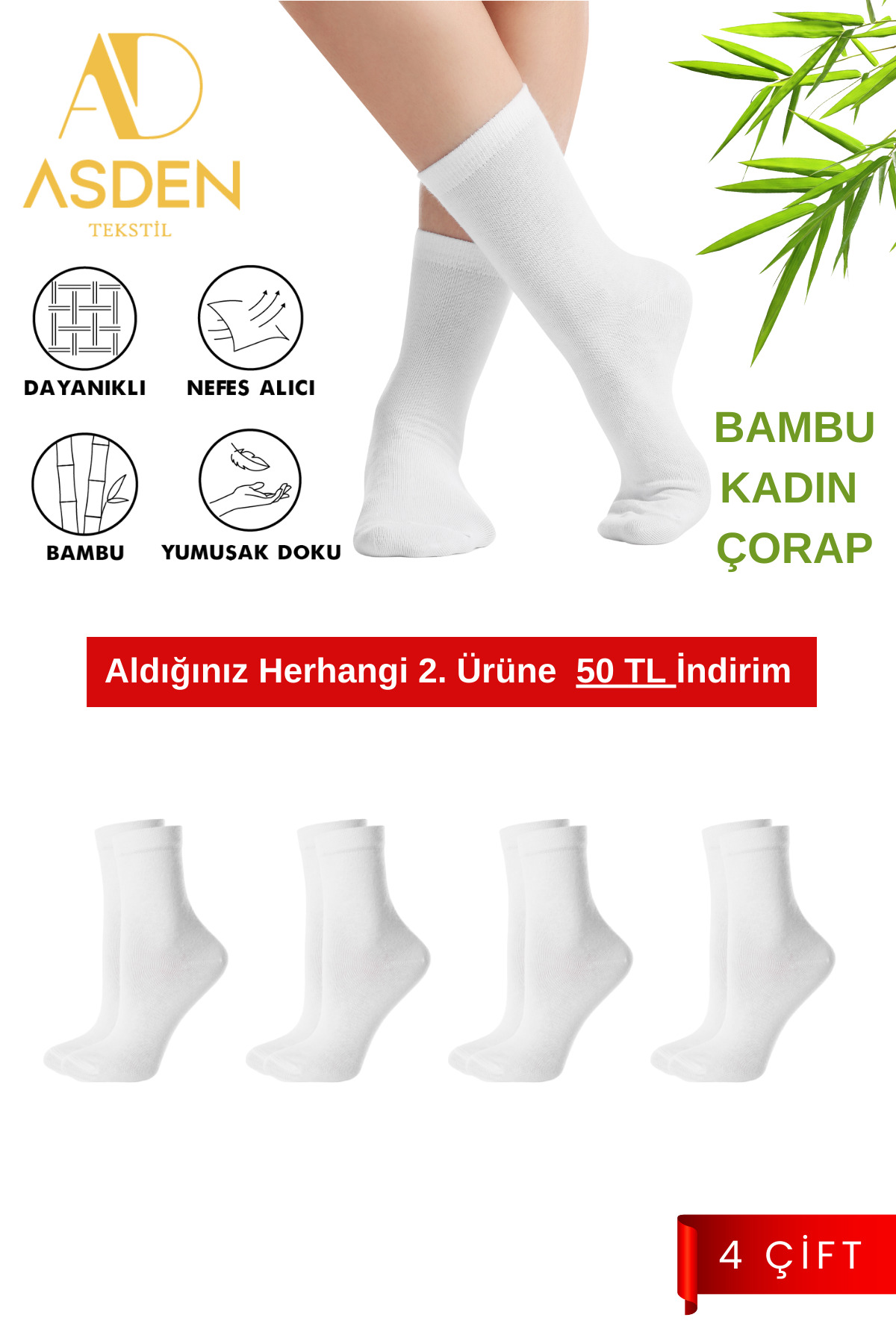 Bamboo Women's Socket Socks White 4-Pack, Washable, Seamless toe