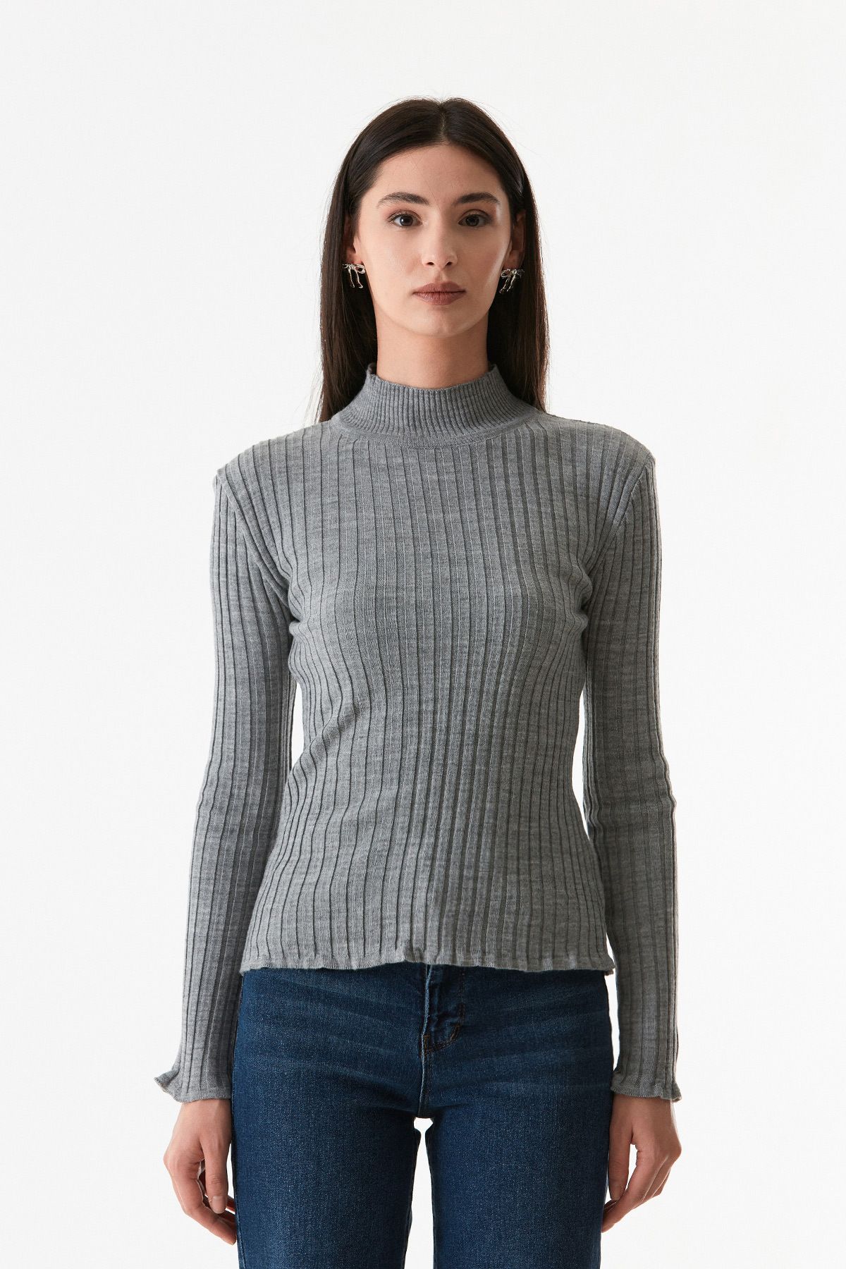 Fulla Moda-Ribbed Stand Collar Knitwear Sweater 8