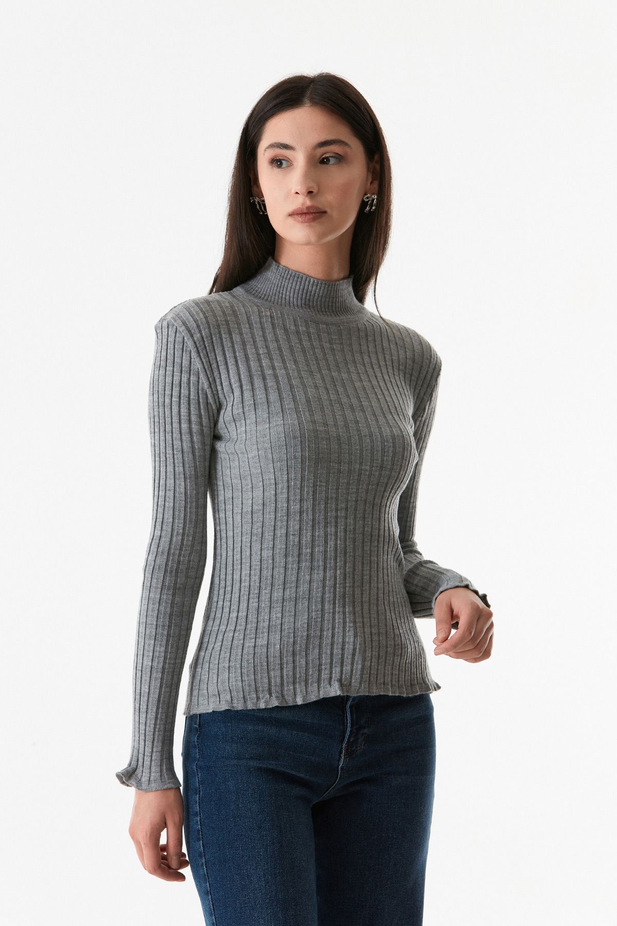 Fulla Moda-Ribbed Stand Collar Knitwear Sweater 1