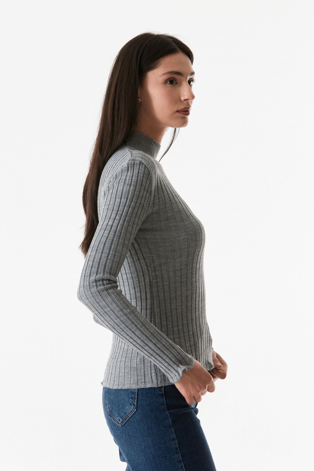 Fulla Moda-Ribbed Stand Collar Knitwear Sweater 5