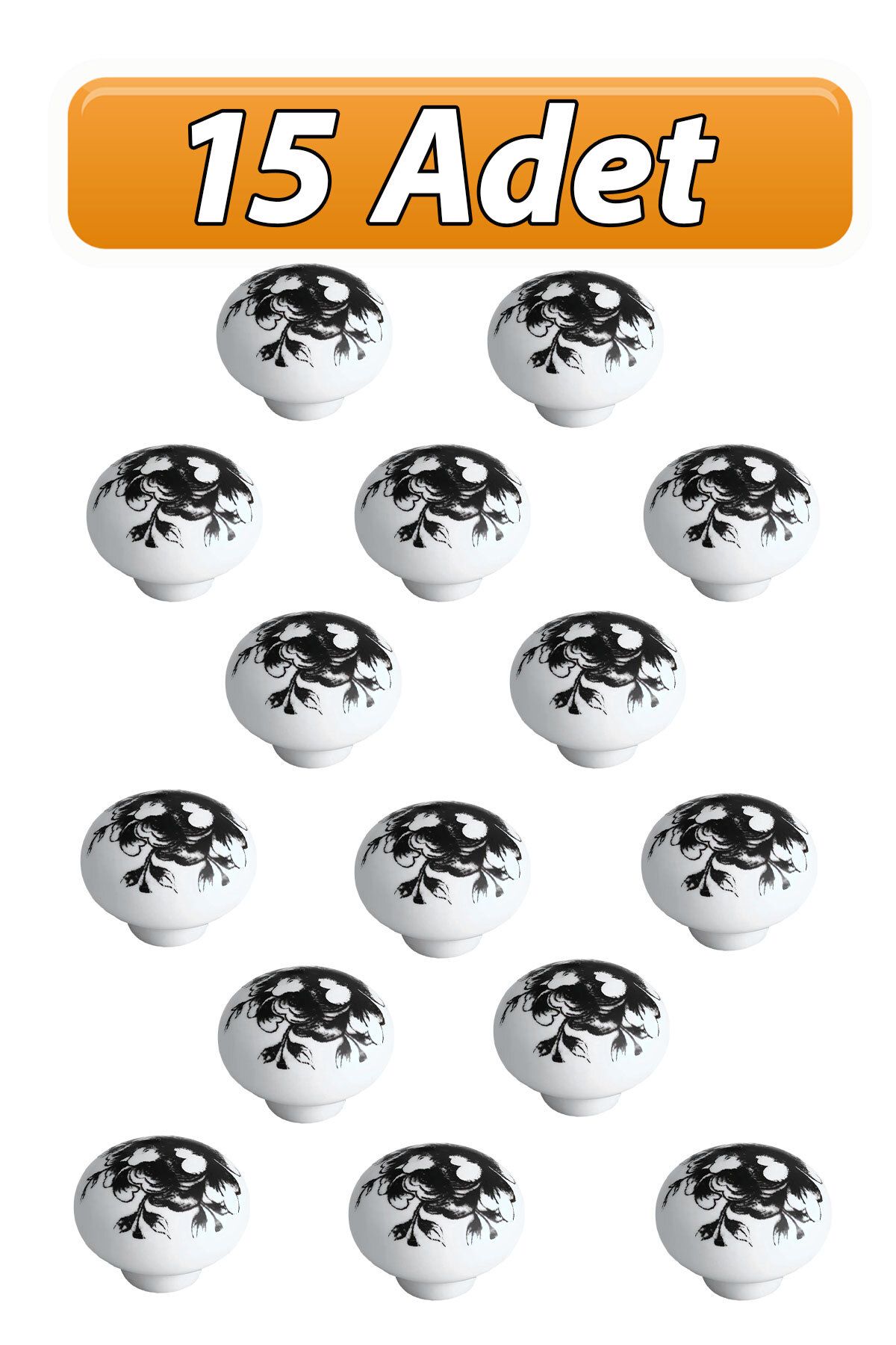 GLASWEN-15 Pieces Black Rose Patterned White Polymer Furniture - Handle Mushroom, Cabinet Drawer, Handle with Handle 1