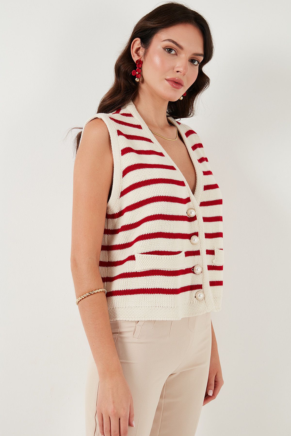 Lela-Striped Oversize Fit V-Neck Buttoned Vest 4616175 5