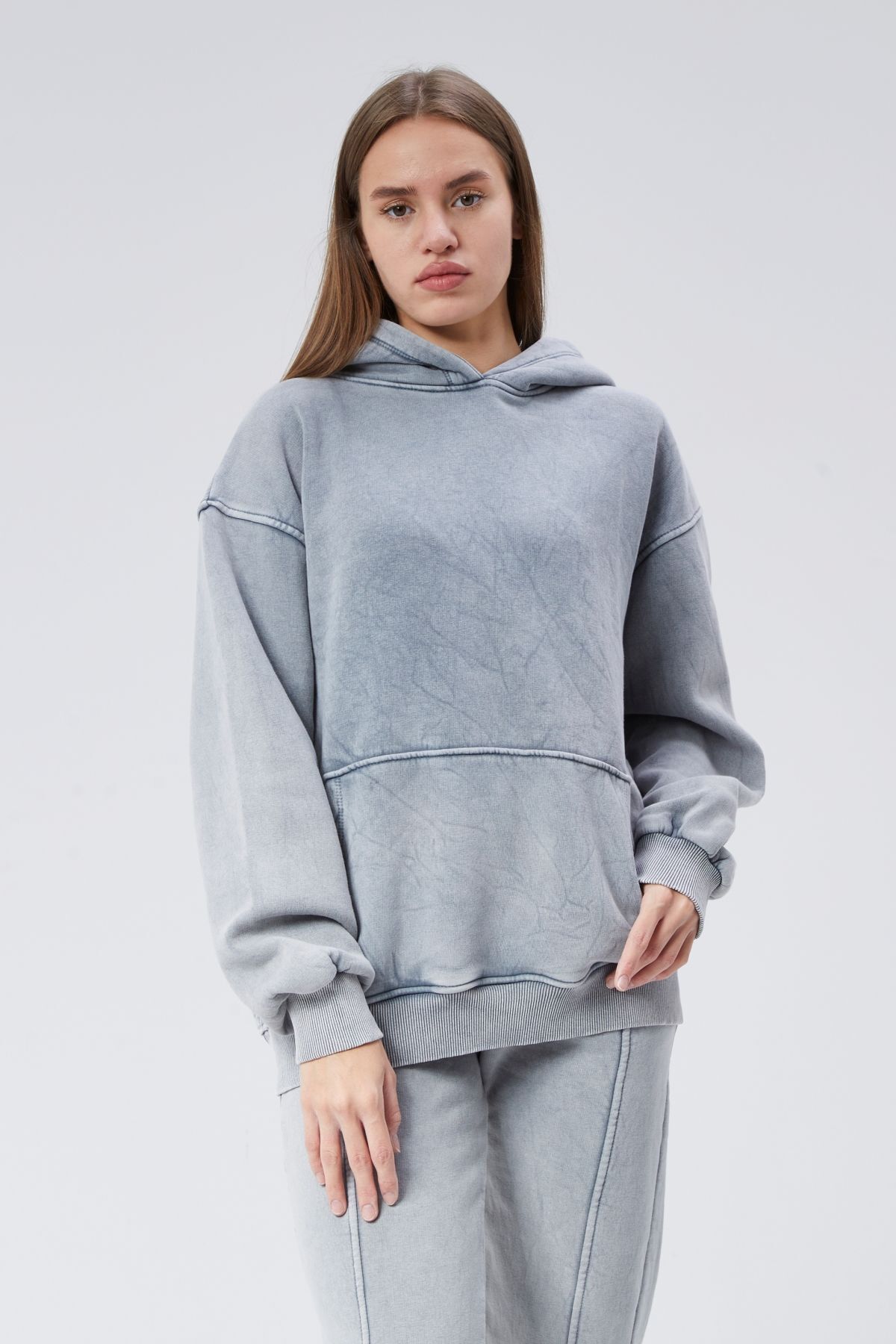 soBasic-Gray Hooded Kangaroo Tracksuit Set Made of Three Thread 3