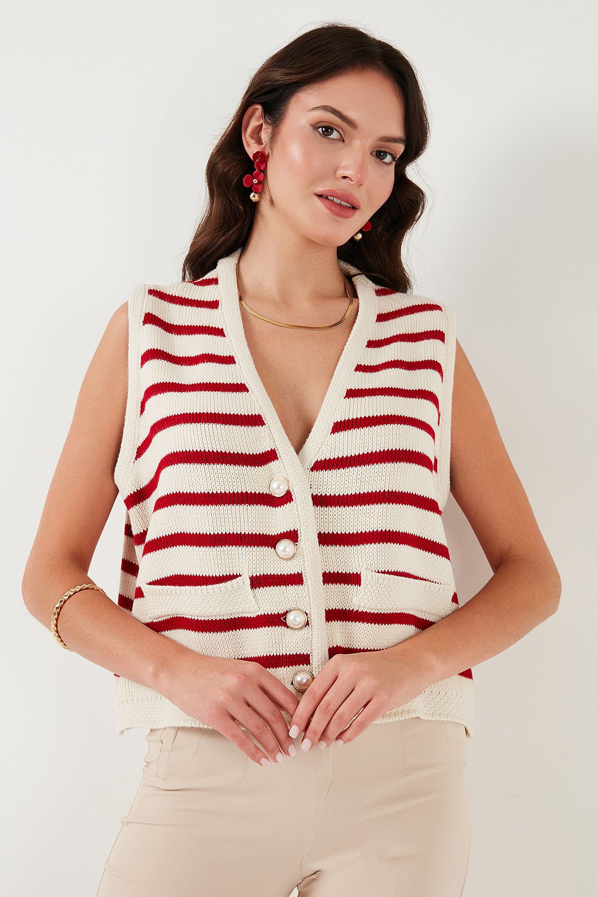 Lela-Striped Oversize Fit V-Neck Buttoned Vest 4616175 6