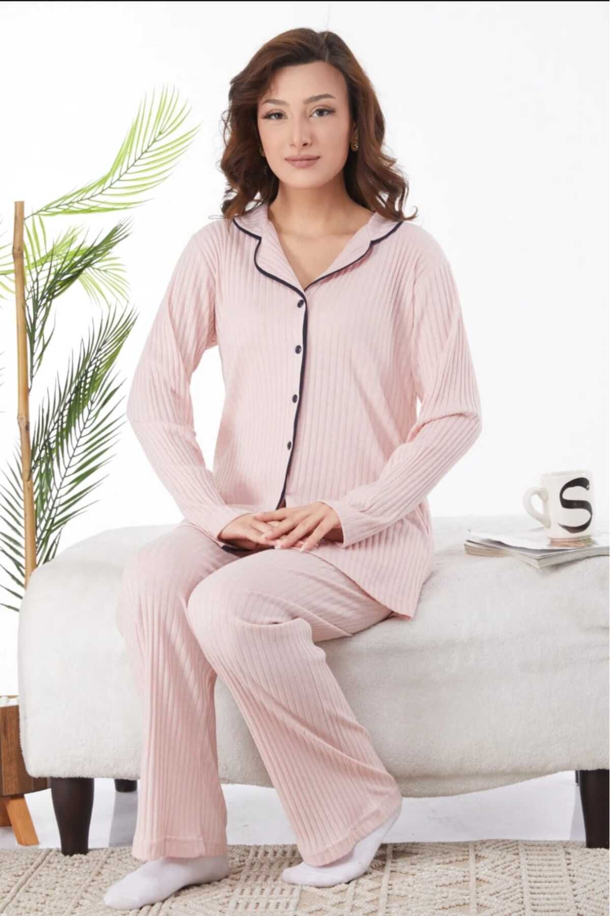 Pijamoni-Powder Colored Long Sleeve and Buttoned Women's Pajamas Set - Set of 2 2