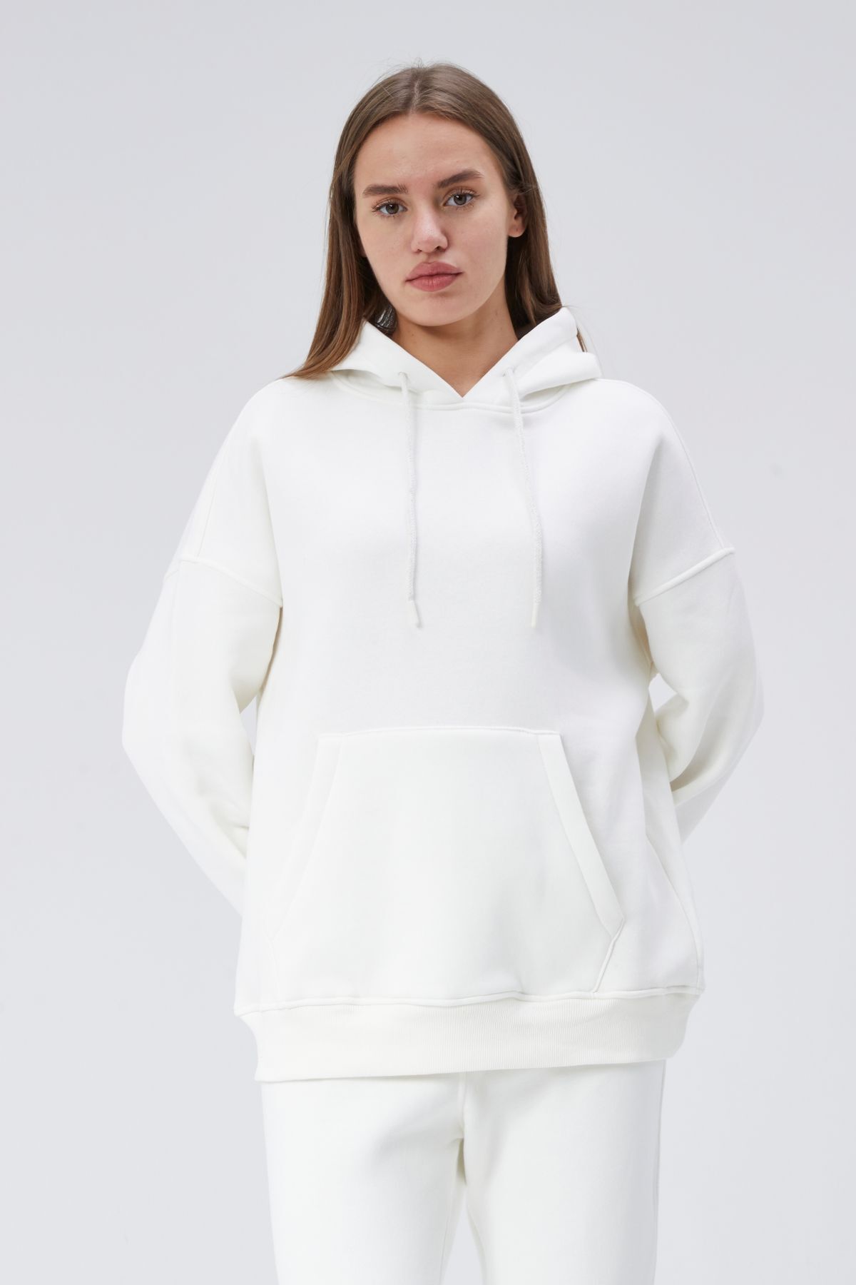soBasic-White Three Thread Raster Hooded Tracksuit Set - Kangaroo Pocket 5