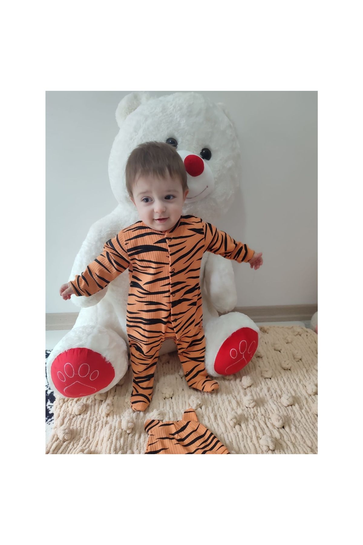 Genel Markalar 3-6-9-12 Ay Pooh Desenli Zebra Çizgili Şapkalı Sweatli 3lü Kız Erkek Bebek Tulumu(sarı)