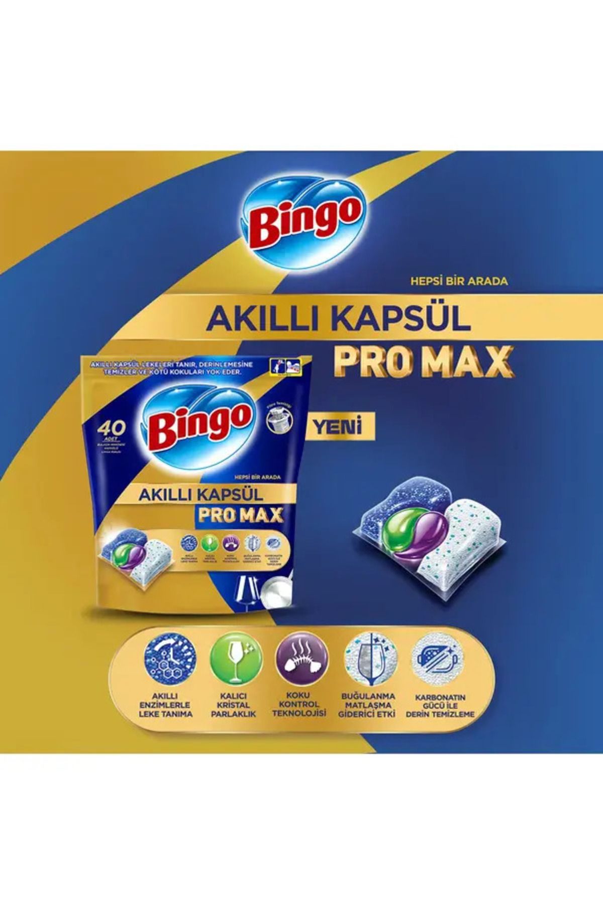 Bingo Akıllı Kapsül Pro Max Bulaşık Makinesi Deterjanı Tableti 40lı (5Paket)