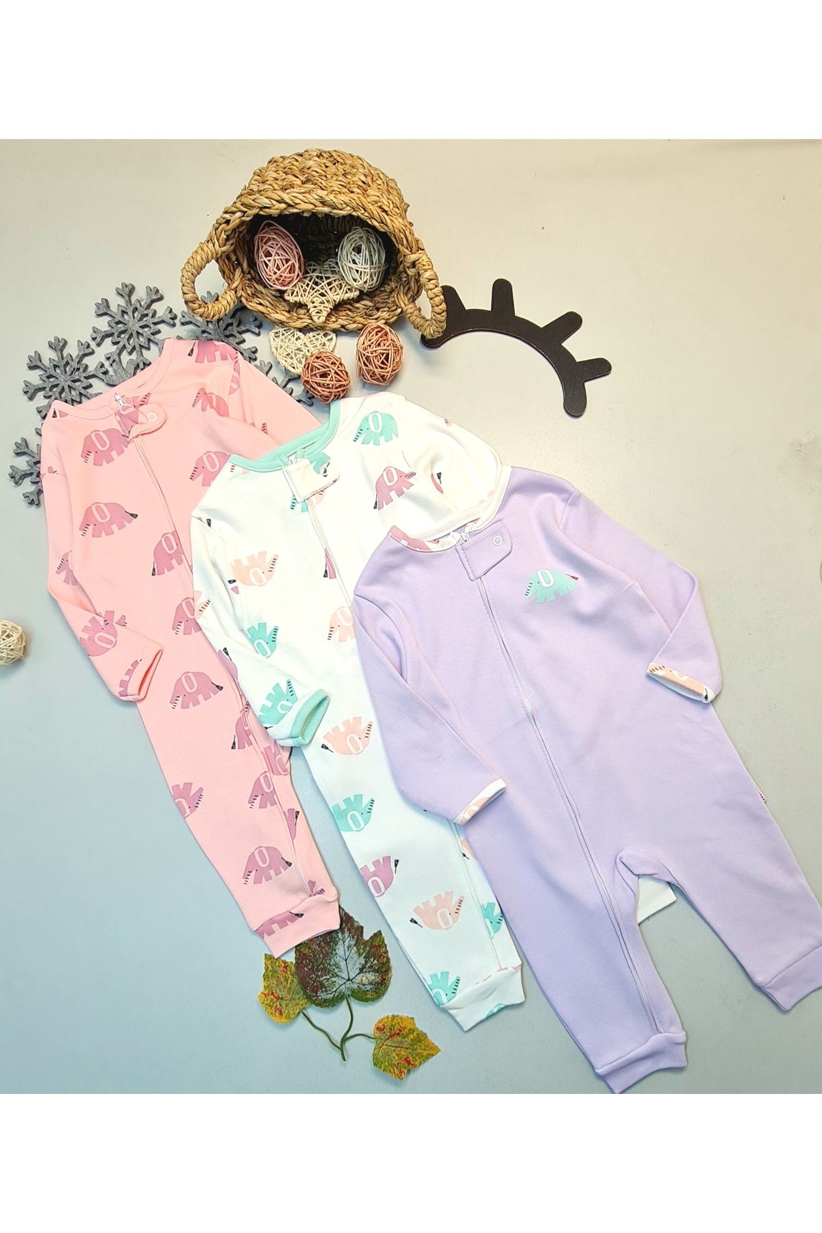 CemBebe-Baby Girl Elephant Printed Footless Cotton 3 Piece Jumpsuit Set 1