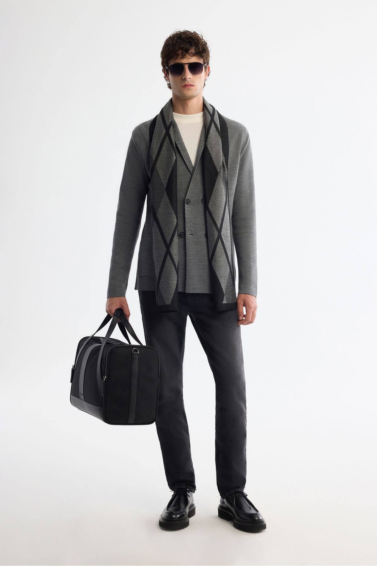 Avva-Men's Gray Mono Collar Double Breasted Wool Knitwear Jacket with Bag Pocket A42Y5153 4