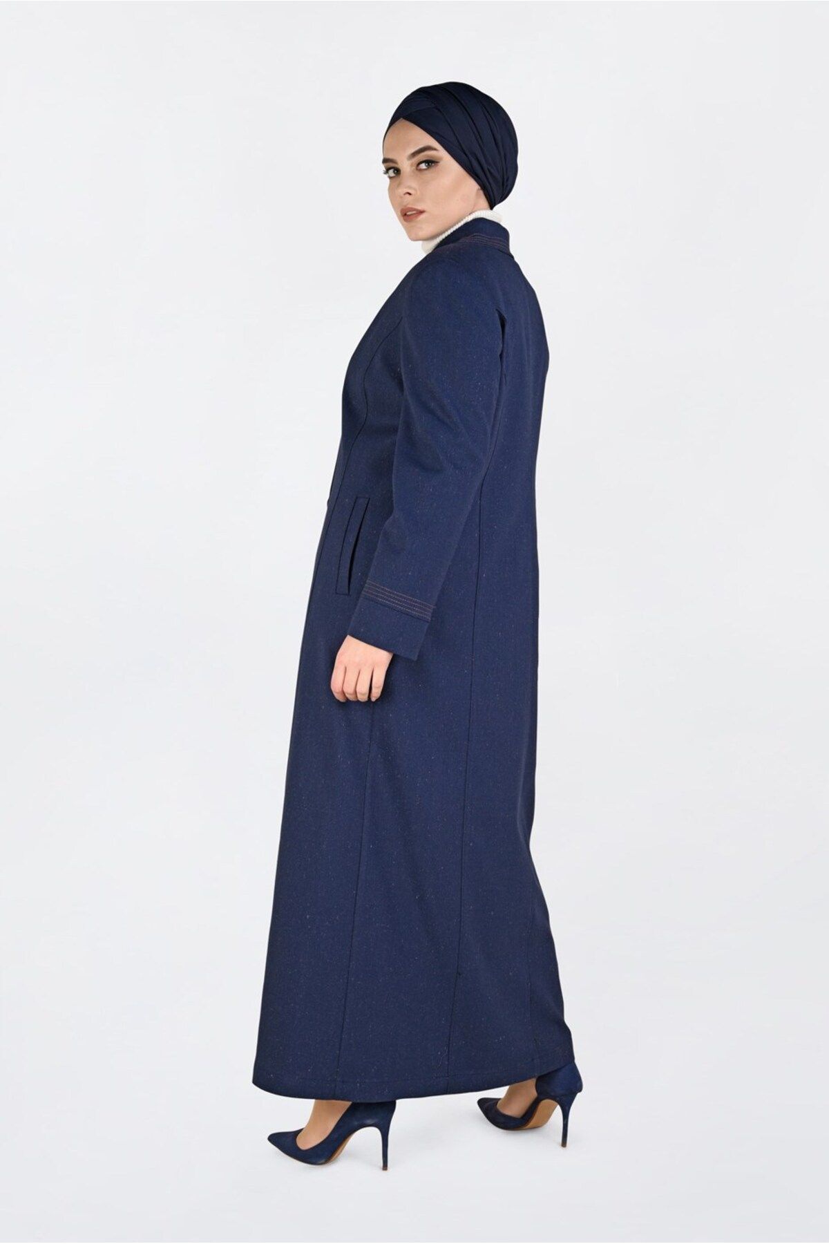 مانتوی بلند پوشیده آبی زنانه دکمه TOPCOAT 1361 آلوینا اورجینال Alvina