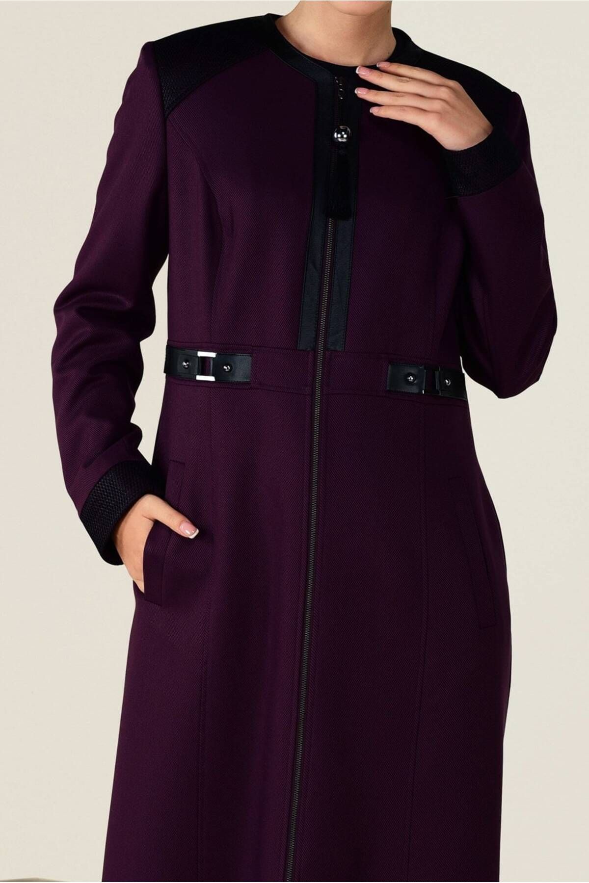 مانتوی بلند پوشیده بنفش زنانه پرونده و چرمی دقیق TOPCOAT 1321 آلوینا Alvina