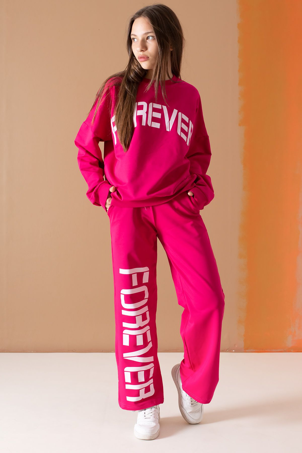 Cansın Mini-Fuchsia Forever Text Printed Girl's Tracksuit Set 19573 2