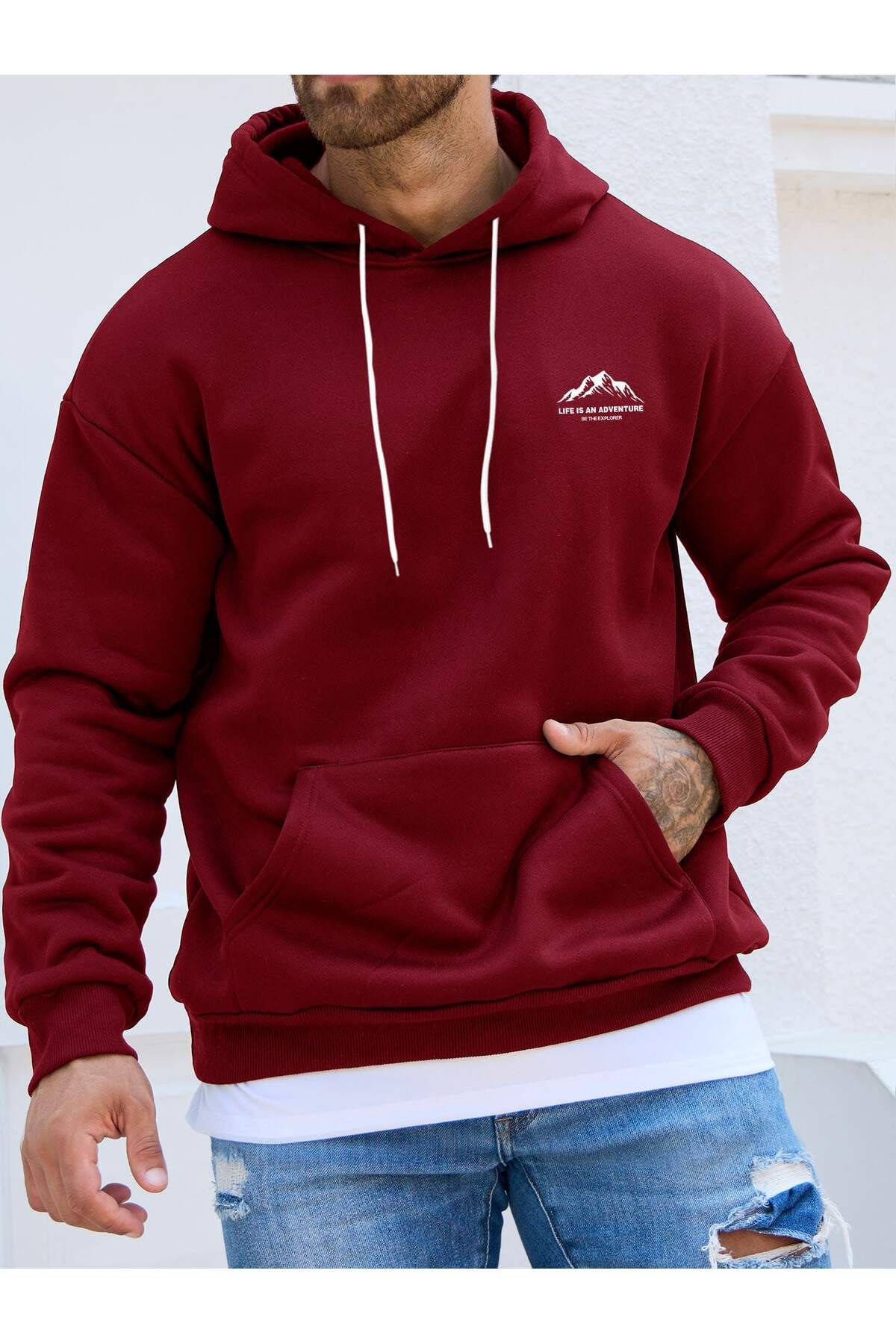 PENTHİLUS-Life Is an Adventure Mountain Front Printed Hooded Burgundy Sweatshirt Hoodie Oversize 1