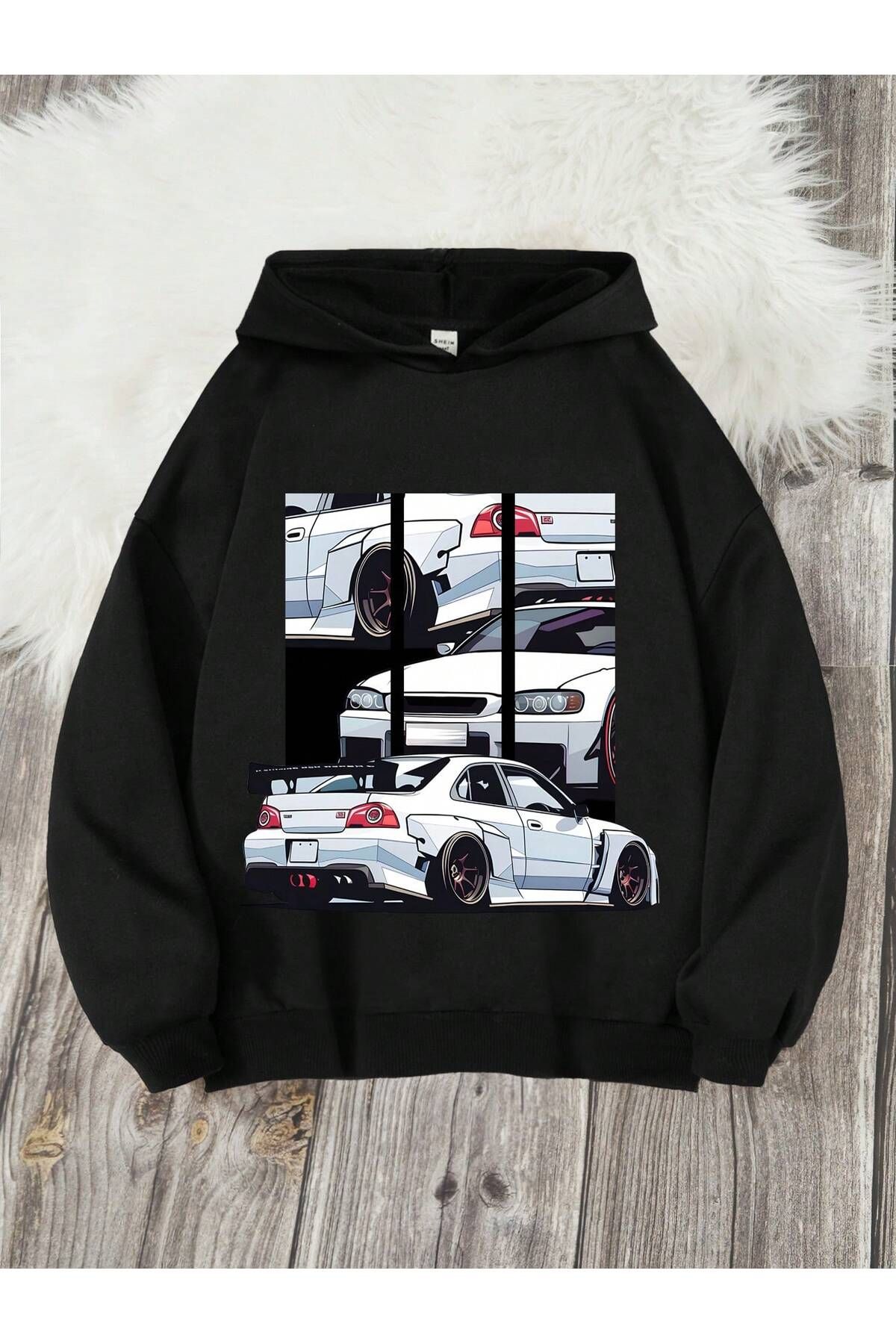 PENTHİLUS-Black Oversize Hooded White Car Printed Sweatshirt 1