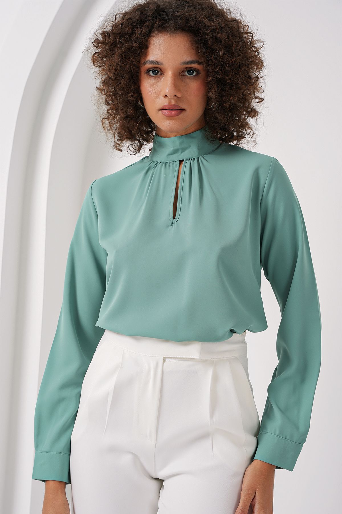 Bigdart-0418 Window Detailed Blouse - Water Green 3