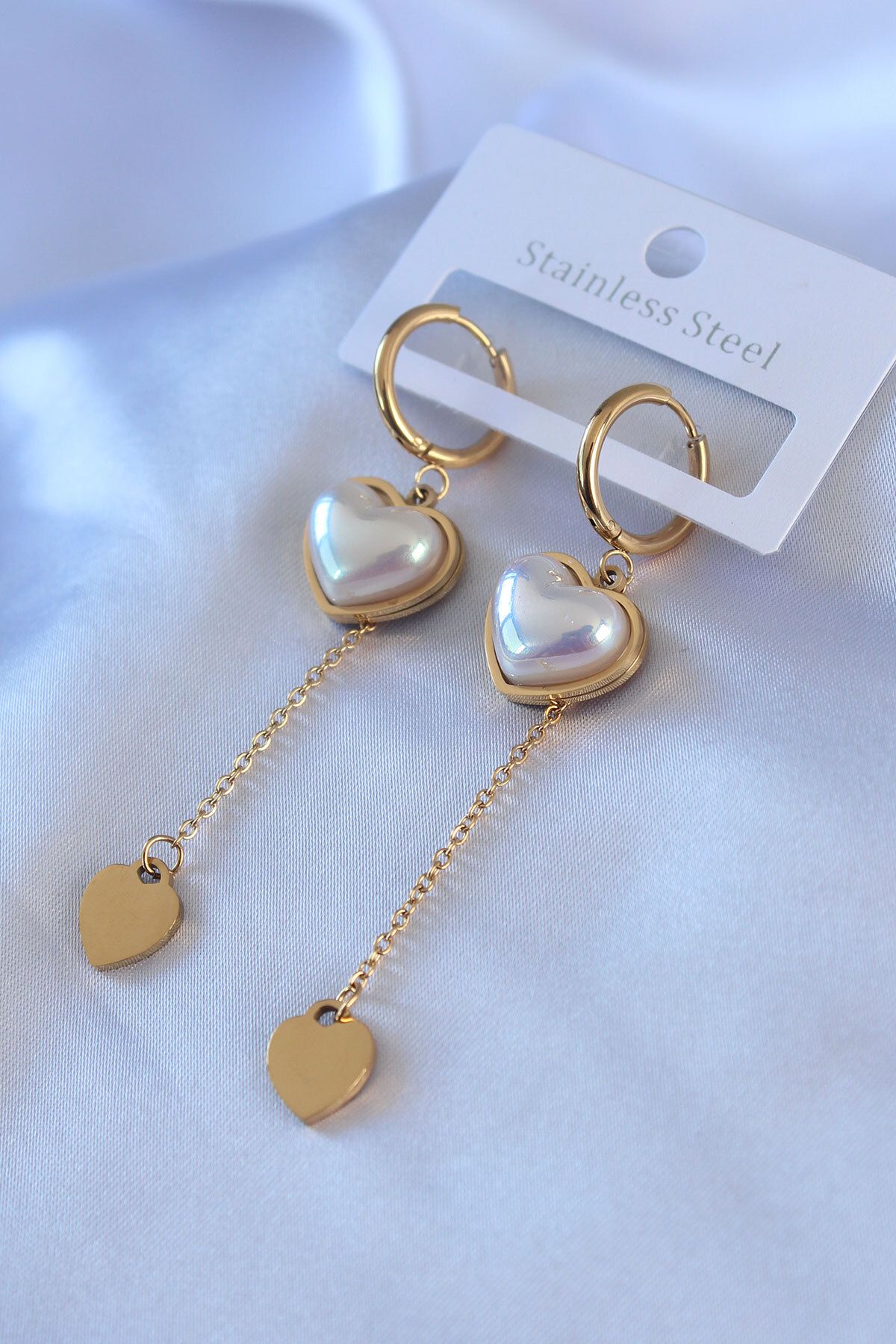 FUDER 316L Çelik Gold Renk Kare İncili Sallantı Model Kadın Küpe
