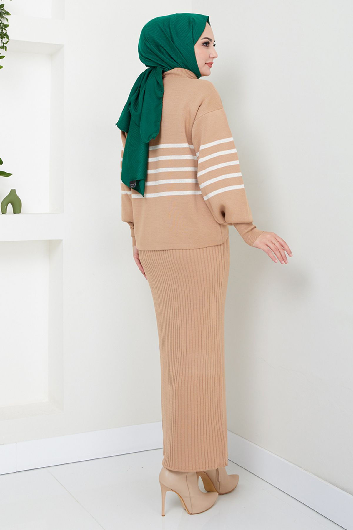 ModaMerve-Latte Striped Hijab Dress Combination - 9014Uz1029-M 5
