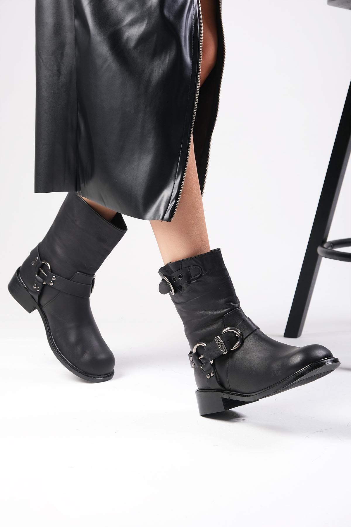 Mio Gusto-Lola Damen-Bikerstiefel aus echtem Leder in Schwarz ohne Absatz 4