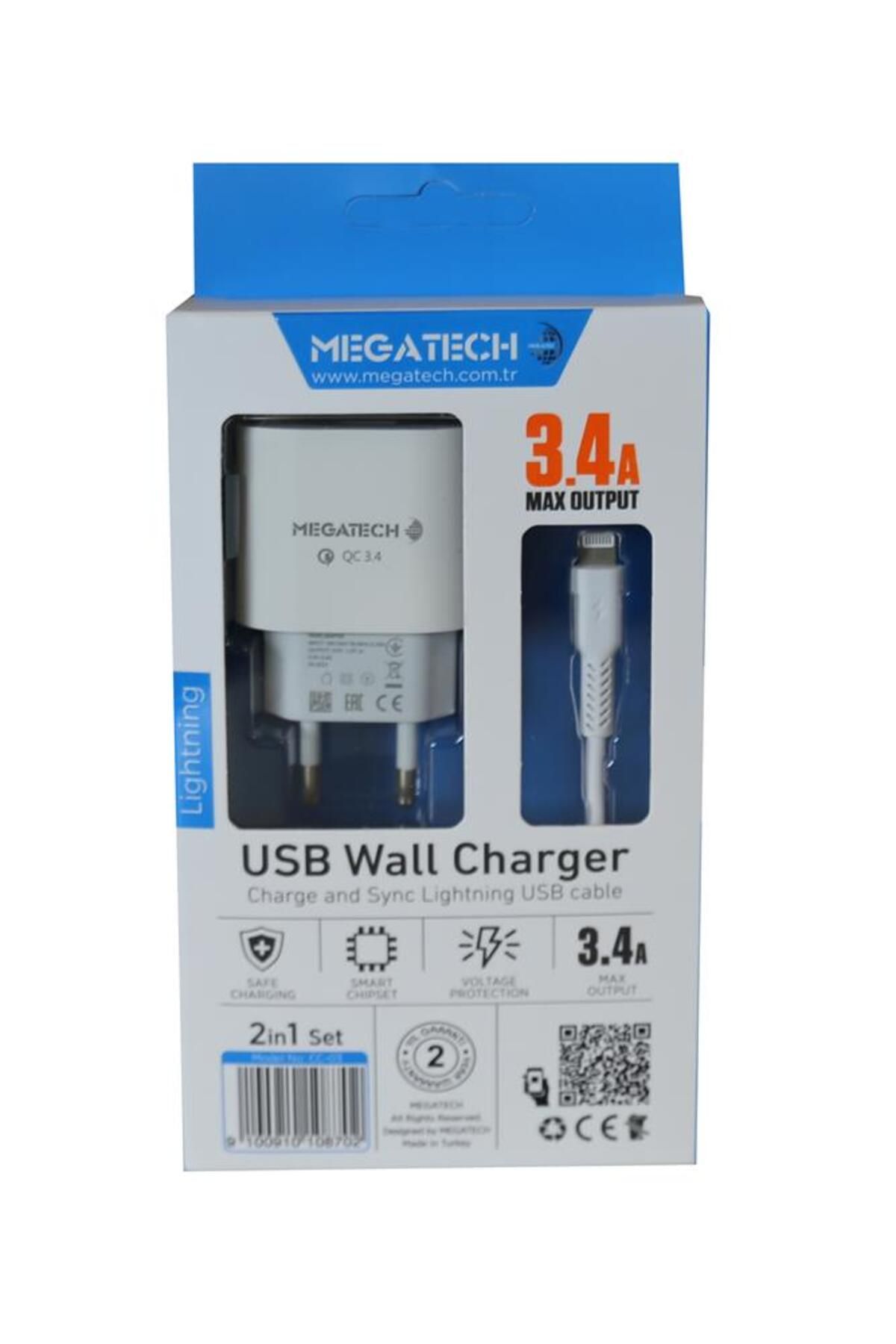 Vobotek Teknoloji Megatech CC-03 (MT-Cl34) 3.4A Lightning Usb Kablo + Ev Şarj Adaptörü Hızlı Şarj
