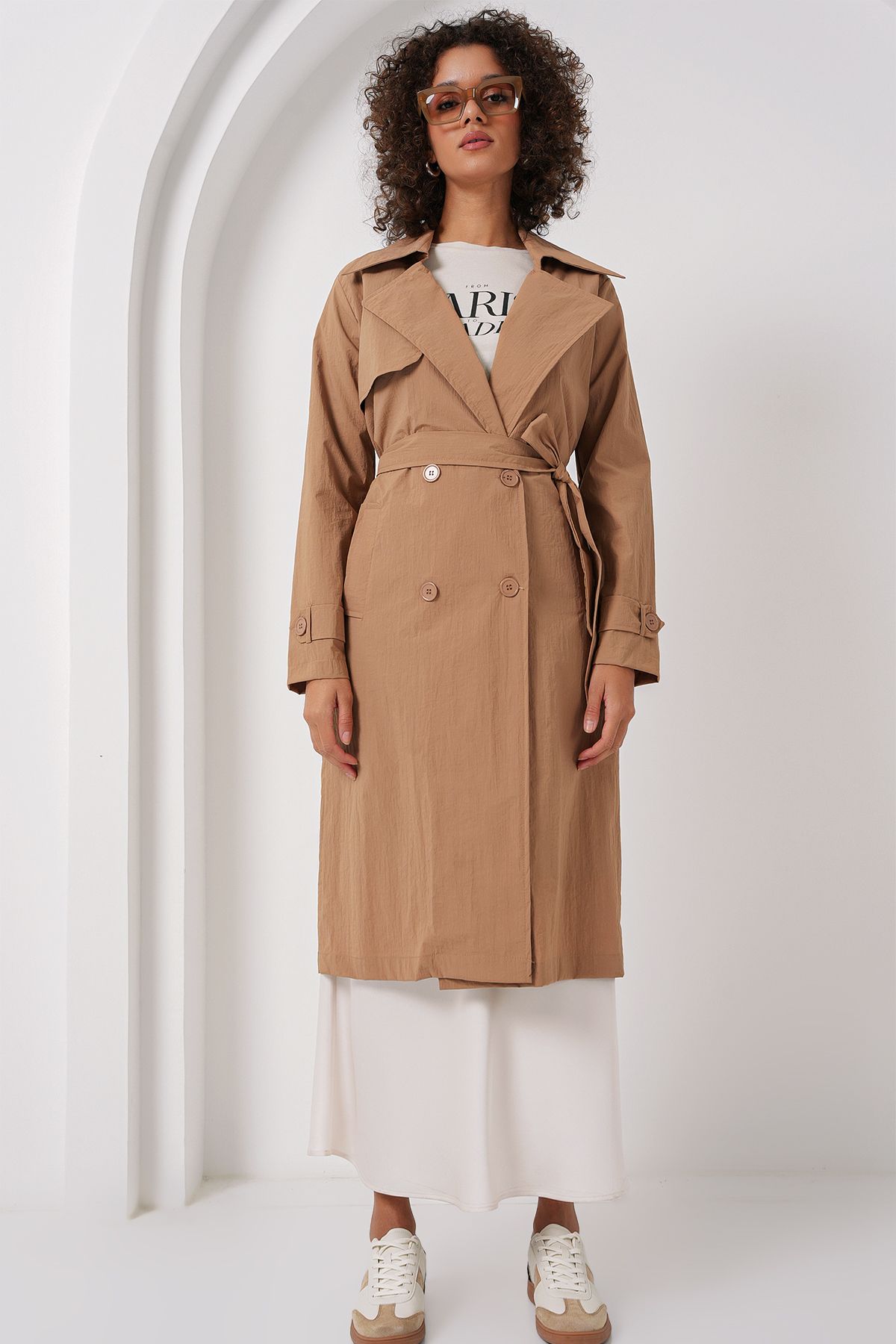 Bigdart-5938 Model Camel Colored Double-Breasted Collar Trench Coat 3