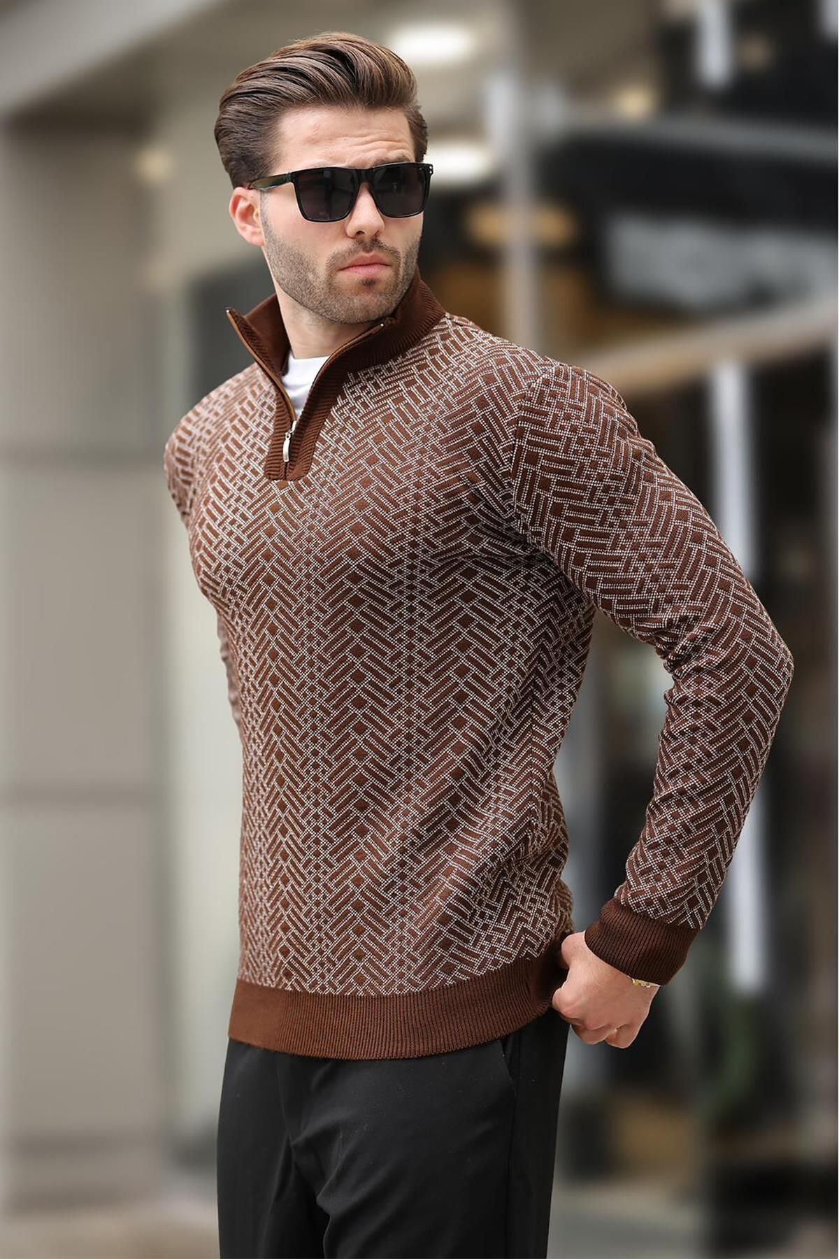 Madmext-Brown Zipper Collar Long Sleeve Patterned Knitted Sweater E7287 2