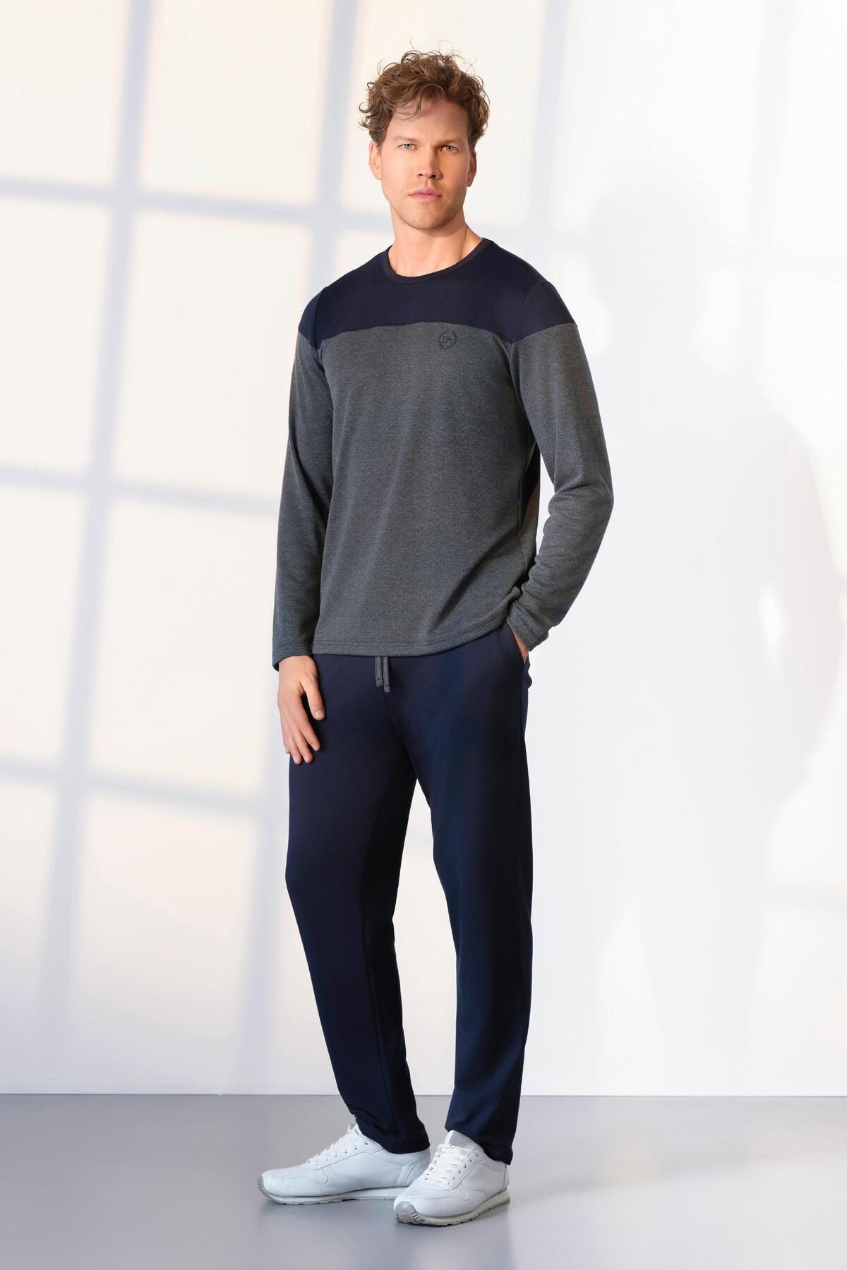 Doreanse-Men's Long Sleeve Jacquard Navy Blue Pajamas Suit C2T3N5O4 1