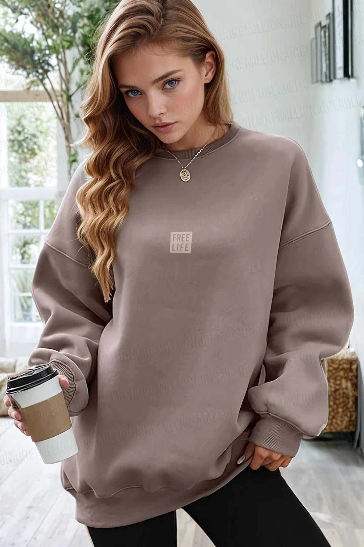 Millionaire-Women's Light Brown Free Life Printed Thick Soft 3 Thread Raised 0 Crew Neck Oversize Loose Sweat 1