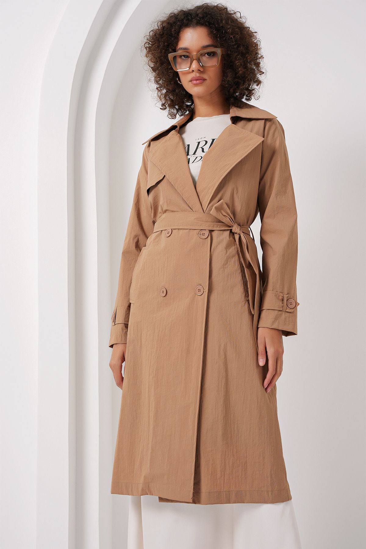 Bigdart-5938 Model Camel Colored Double-Breasted Collar Trench Coat 2