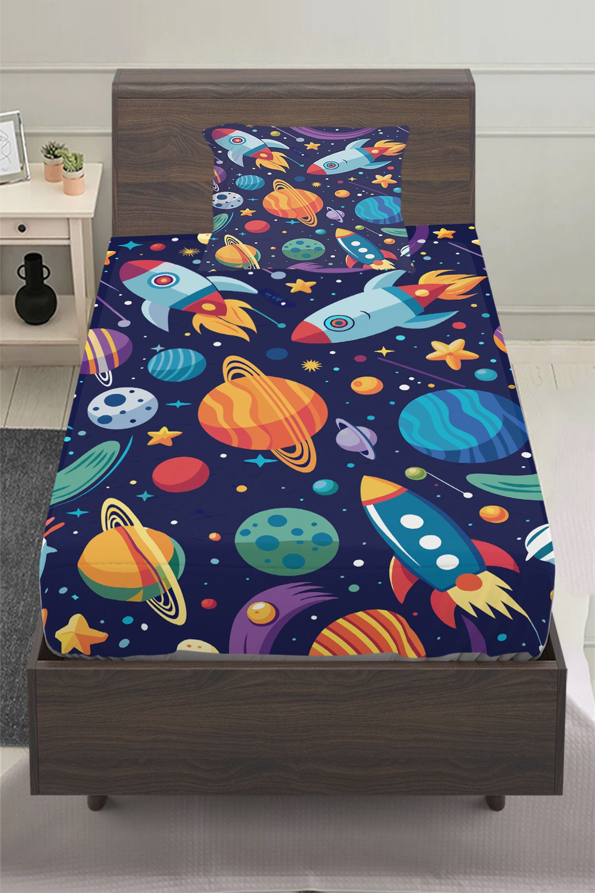 3D ELSE HALI-Space Planets Patterned Boy's Single Pillowed Elastic Sheet Set 100X200Cm 1