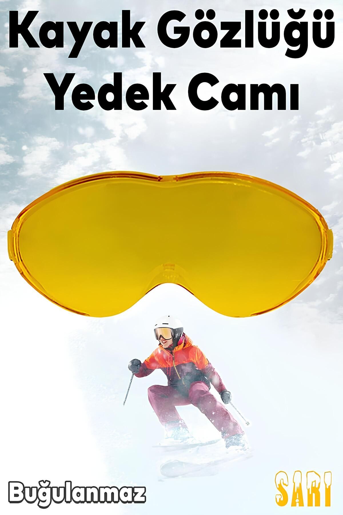 Badem10 Bellasimo Çerçevesiz Kayak Kar Gözlüğü Lens Değiştirebilir Camı Antifog Güneş Kar Gözlük Camı Sarı