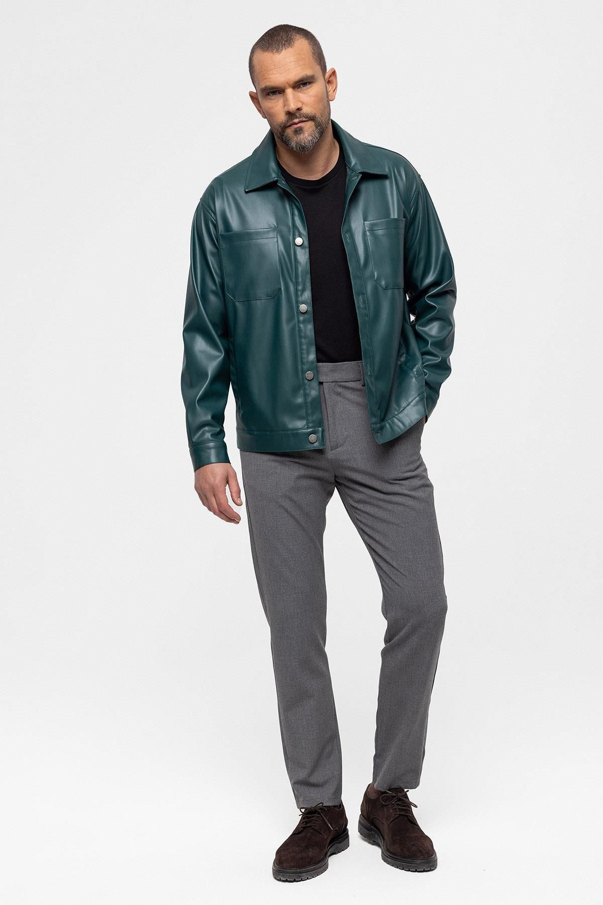 Antioch-Green Faux Leather Men's Thin Coat 2