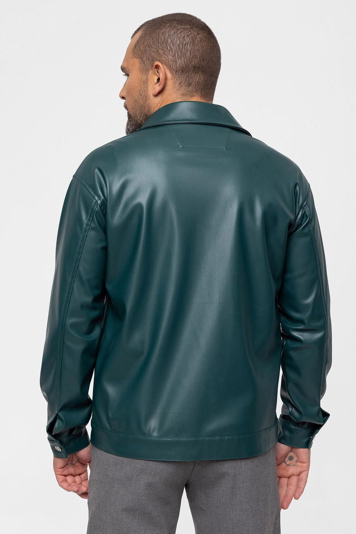 Antioch-Green Faux Leather Men's Thin Coat 7