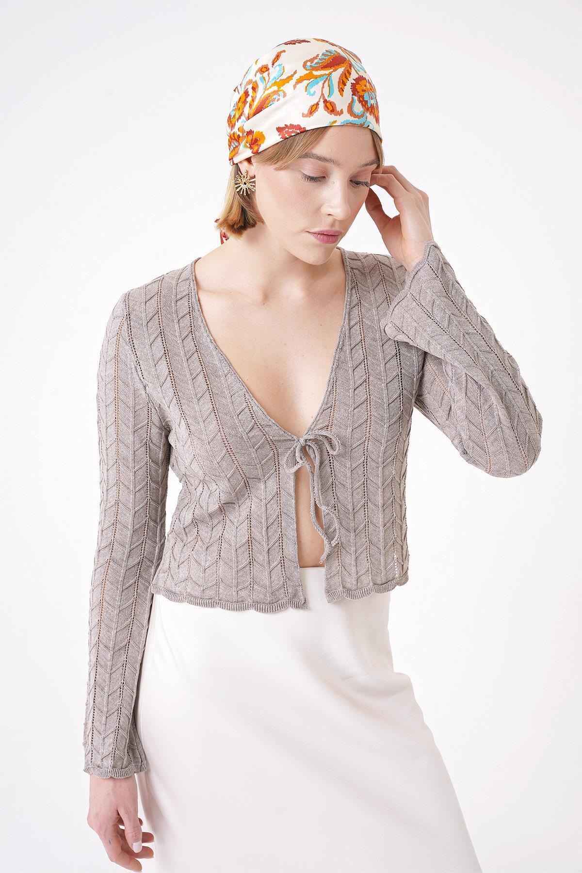 Women's V-Neck Openwork Patterned Front Rope Tied Standard Fit Knitwear Cardigan Mink 25W3008