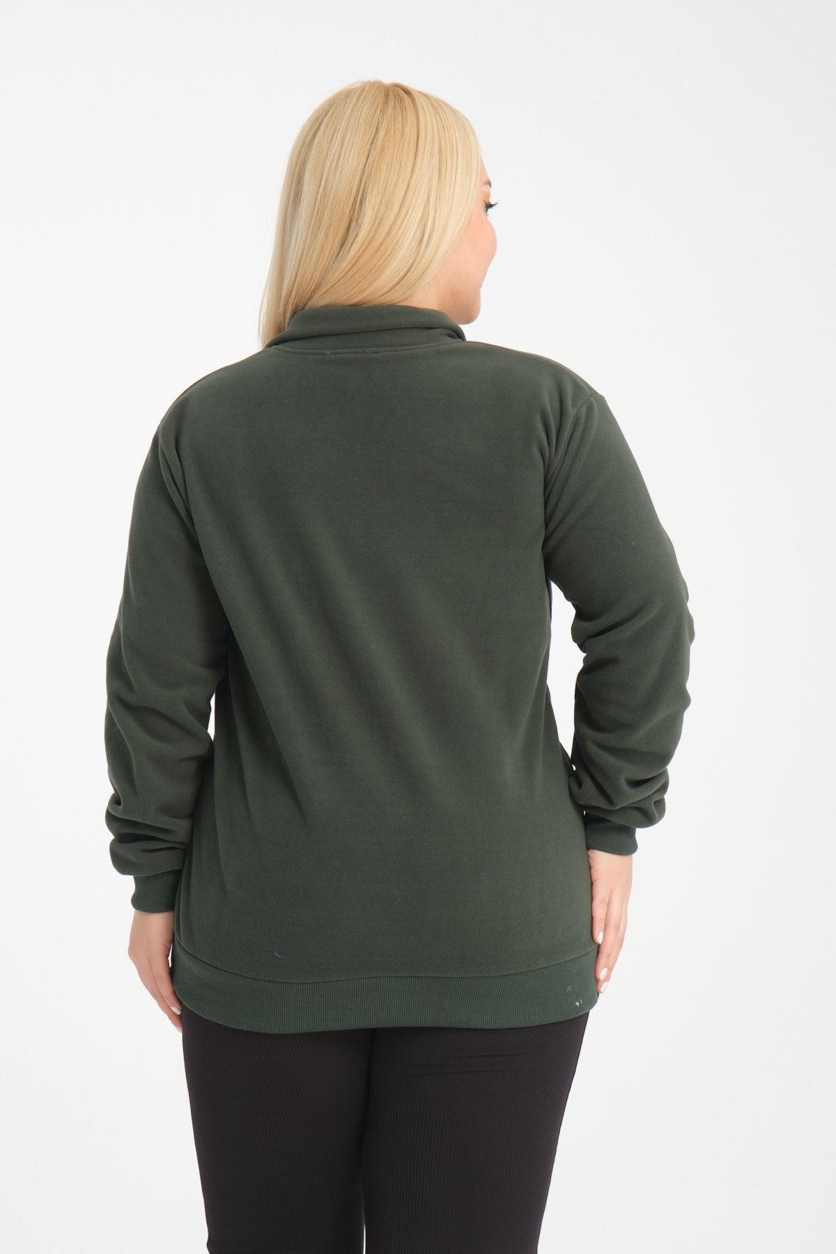 BANEGA-Plus Size Curve Khaki Fleece Sweatshirt - Zipper and Pocket 3