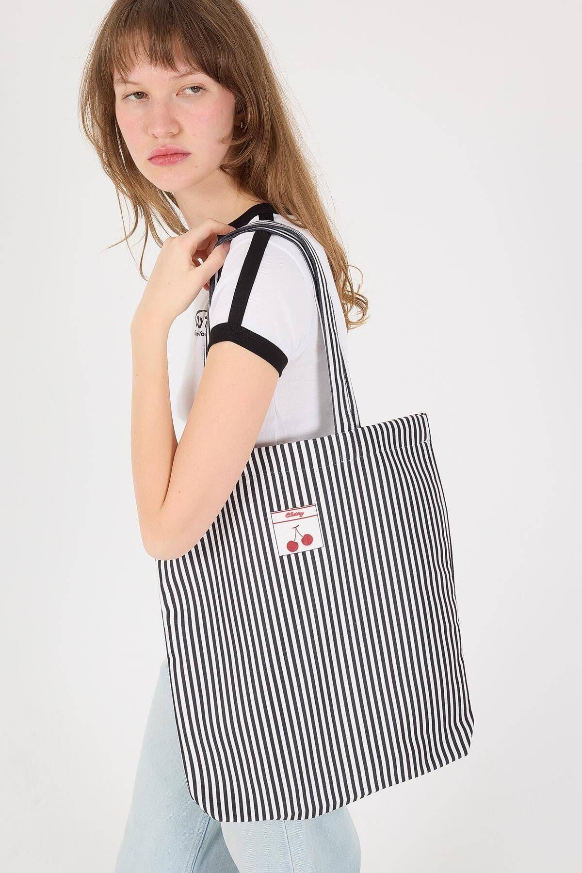 Addax-Striped Cherry Printed Tote Bag - Ç30-g9 3