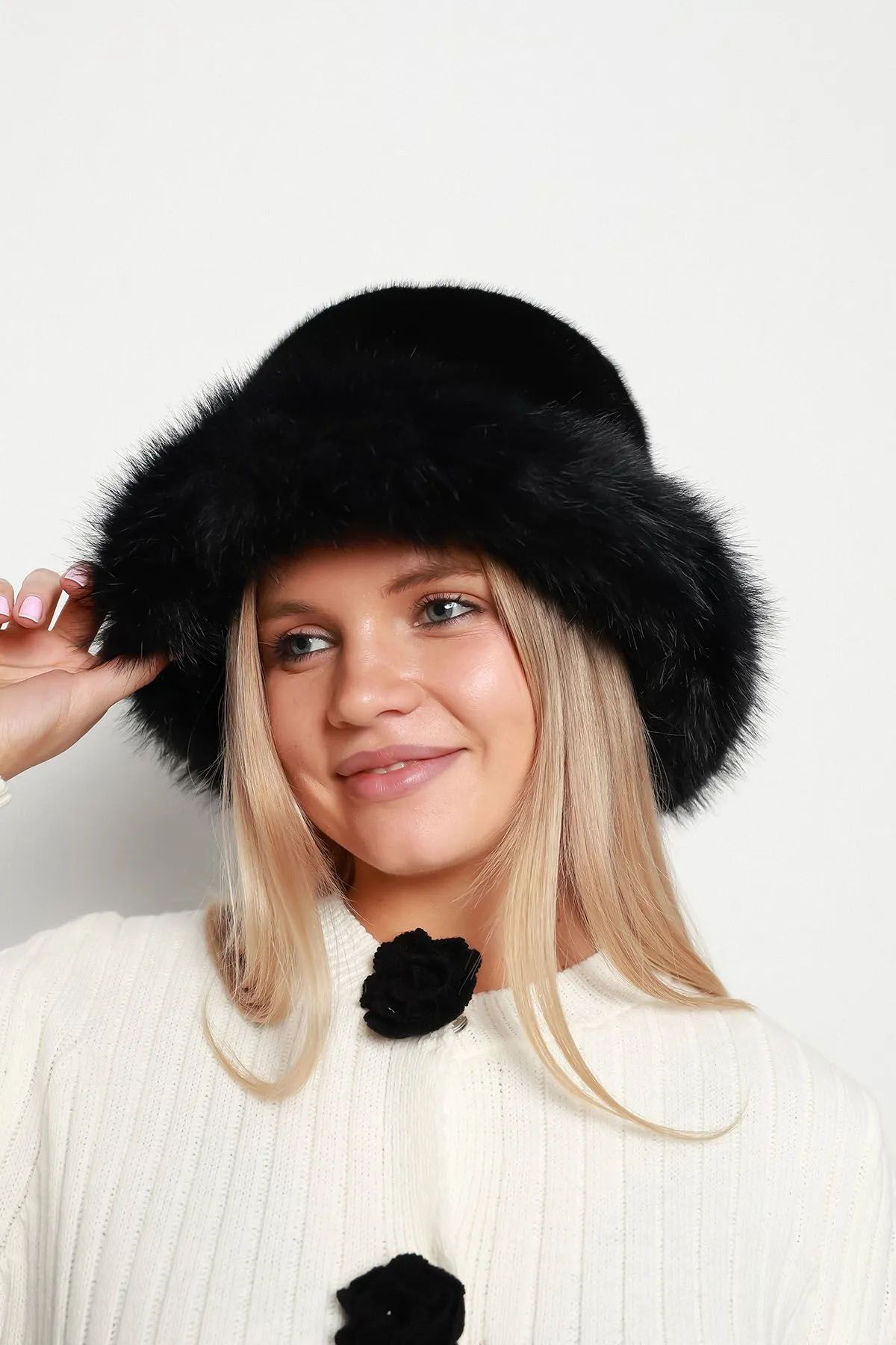 REMSA-Black Plush Bucket Women's Heart Hat - Rkş-14 5