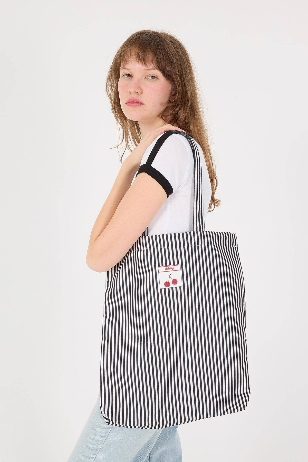 Addax-Striped Cherry Printed Tote Bag - Ç30-g9 1