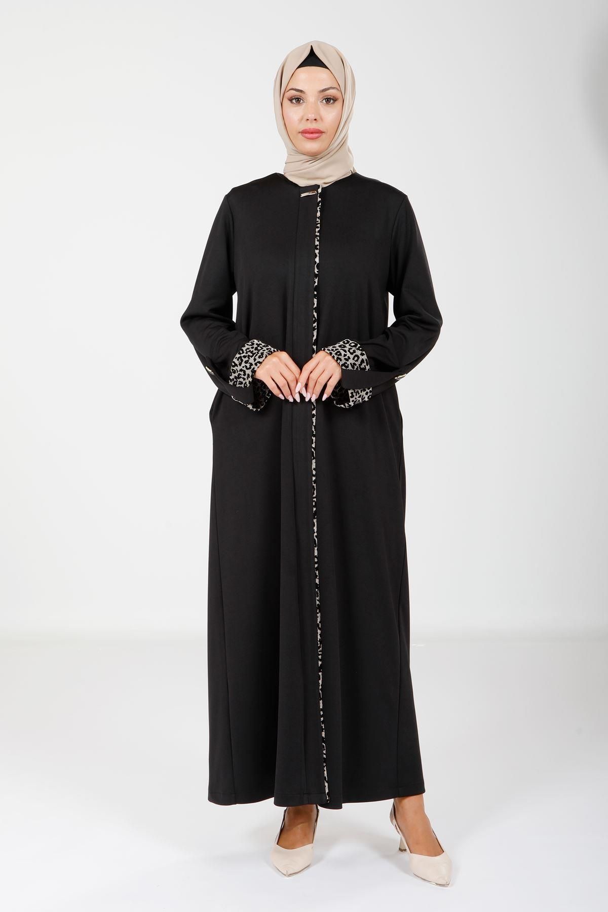مانتو و عبای پوشیده زنانه باند دقیق HIJAB مشکی FERACE 9051 Beyza