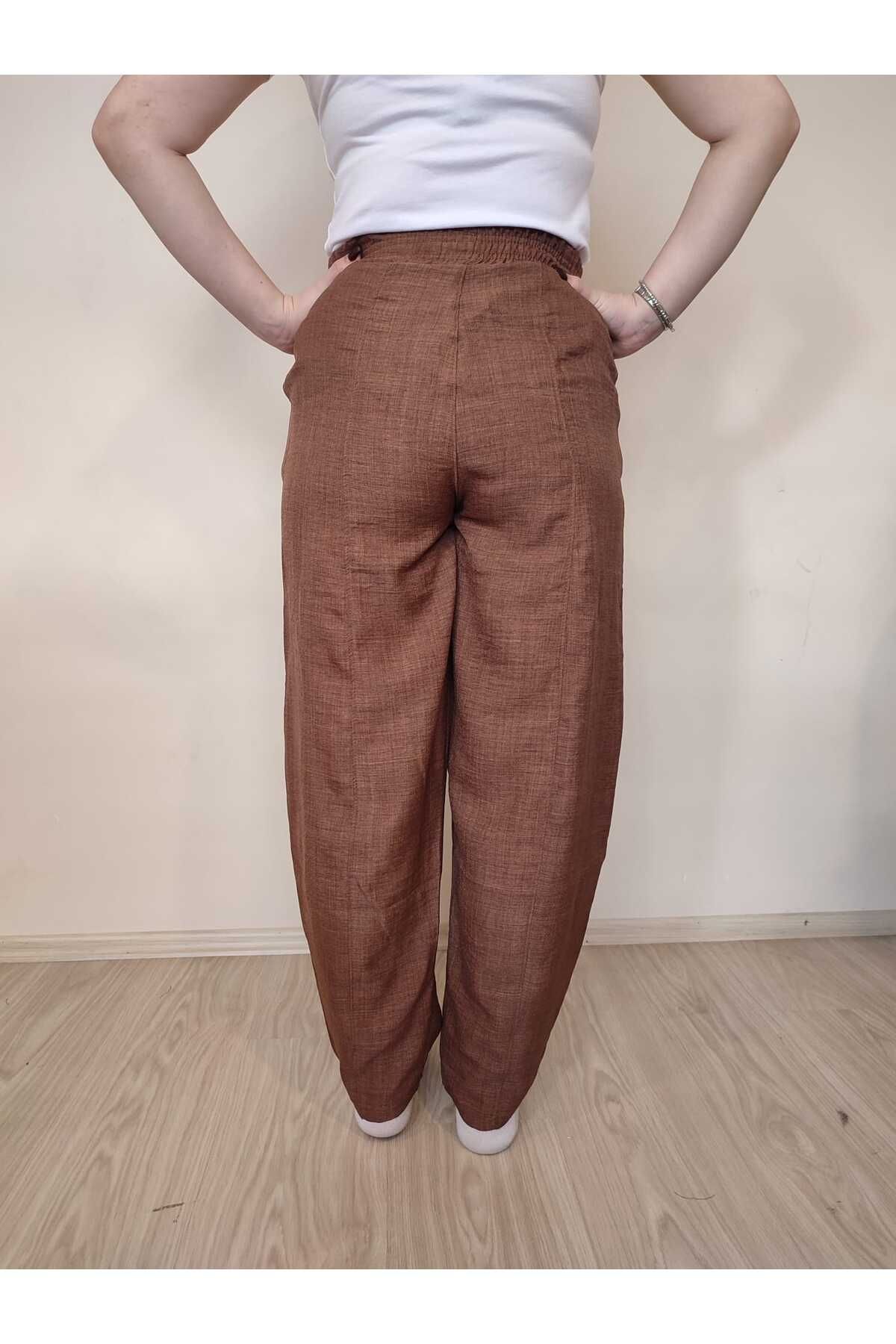 enmodaiçgiyim-High Waist Linen Women's Trousers - Dark Brown Shalwar 8